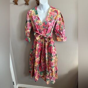 Zara Floral Cotton V-Neck Tie Waist Midi Dress Multicolor Small